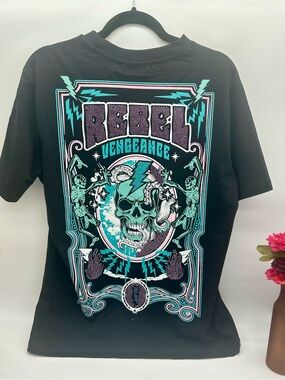 grunge, rebel skater dark Rebels Black Tee with Mint and Purple Skull Graphic